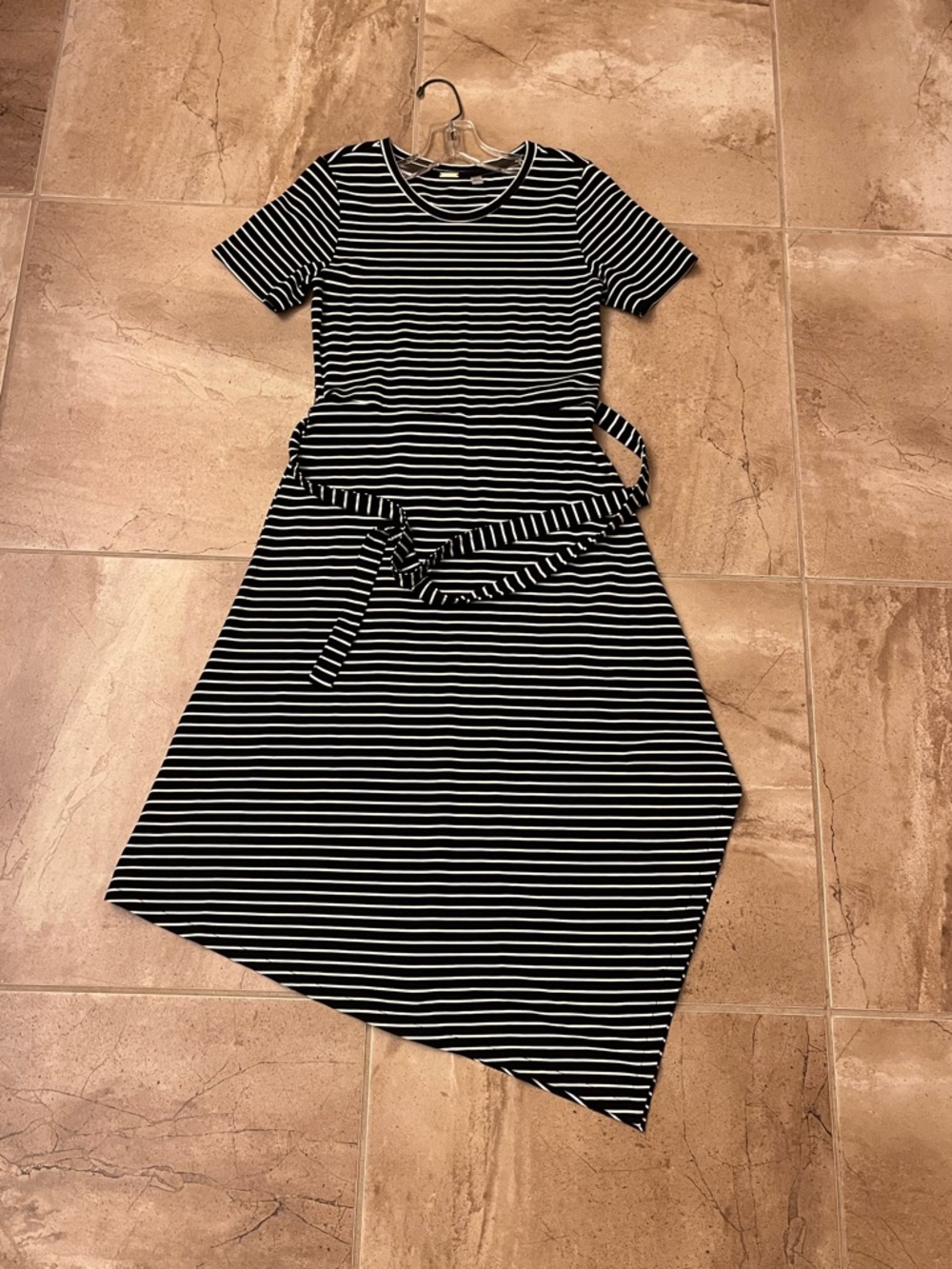 Tahari Black & White Striped Short-Sleeve Asymmetrical Hem Dress